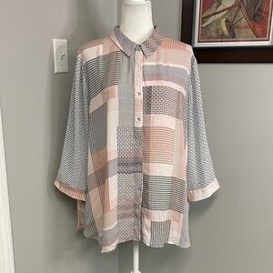 Rose & Olive Geometric Pattern Blouse in Pink and Black button down 2X polyester
